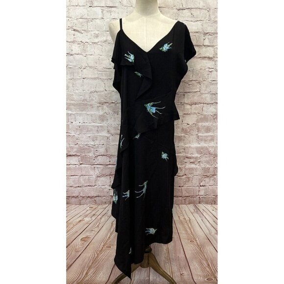 Diane Von Furstenberg Womens Black Silk Bird Print Asymmetric Ruffle Midi Dress - Picture 6 of 6